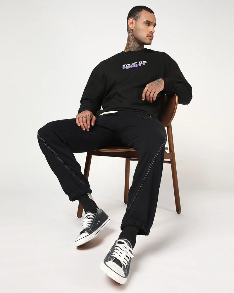 bewakoof  Men's Black Oversized Warm Joggers for Men | Best Price UAE